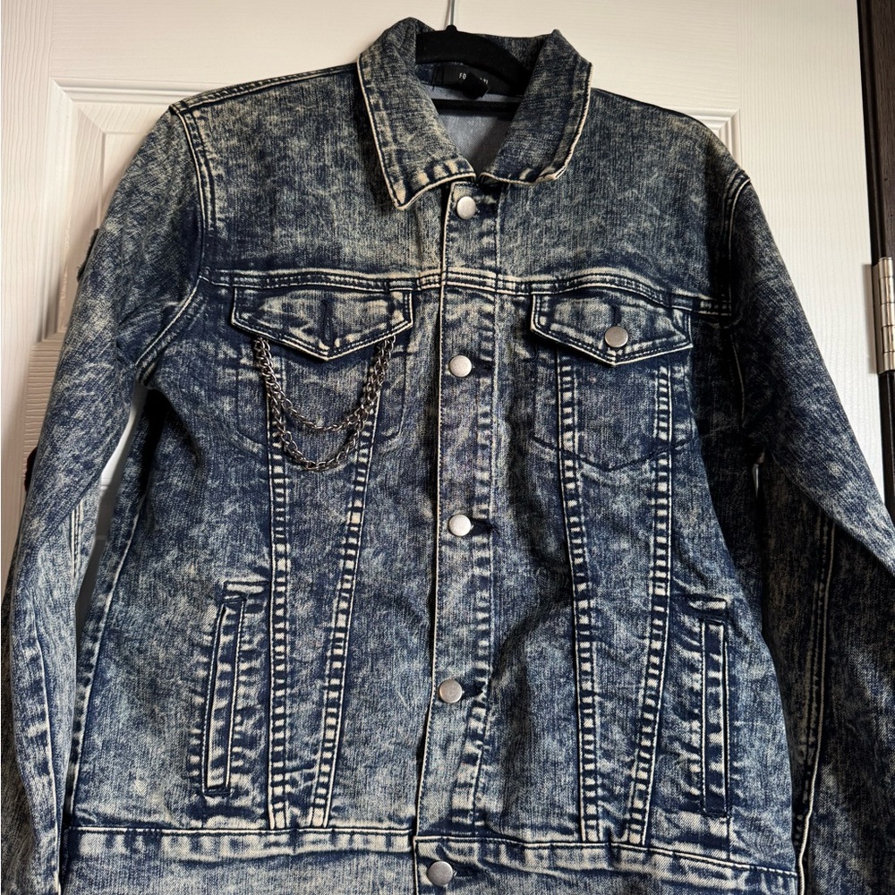 Forever 21 Distressed Blue Jean Jacket with Chain Accent